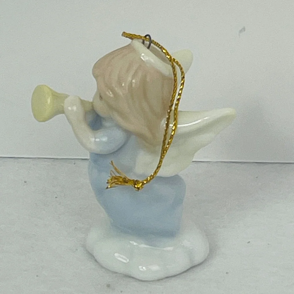 Precious Moments Angel Playing Trumpet Porcelain Christmas Ornament Blue Gown
